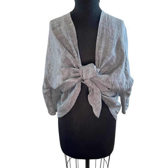 Kim Bernardin PARIS Lagenlook Gray Linen 3/4 Sleeve Tie Front Top Shrug M Medium - Picture 1 of 7